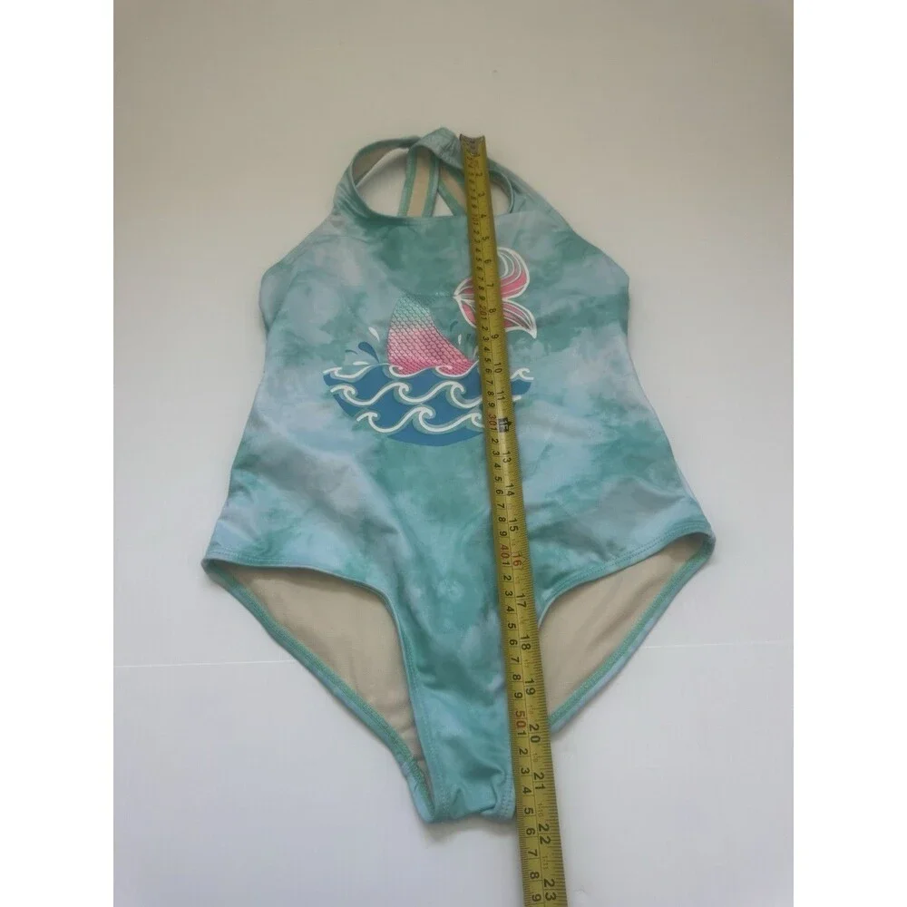 Girls Lands’ End Mermaid One Piece Swimsuit Blue Mint Tie Dye Size 10/12 M